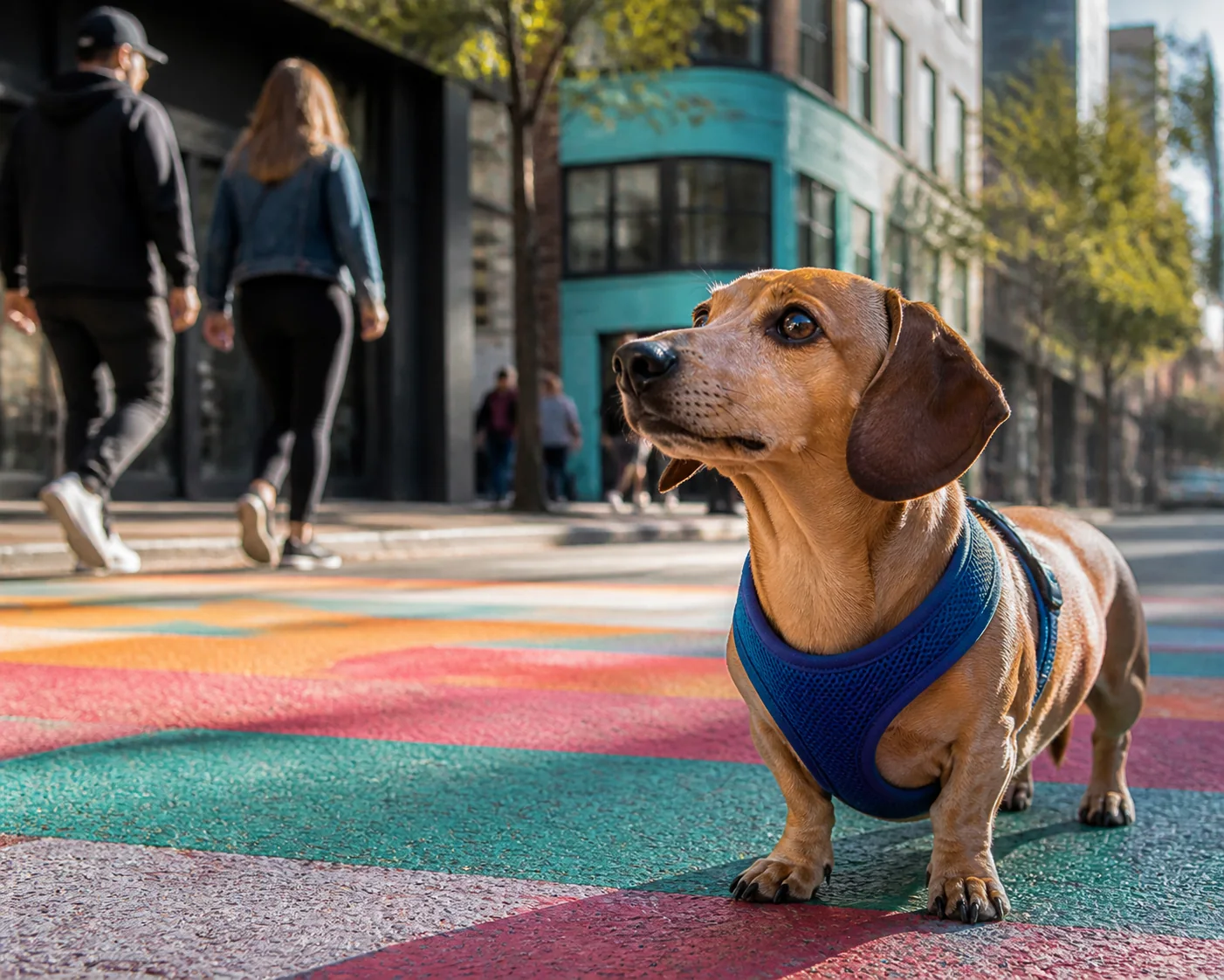 Tan dachshund in a blue harness standing at a colorful city crosswalk