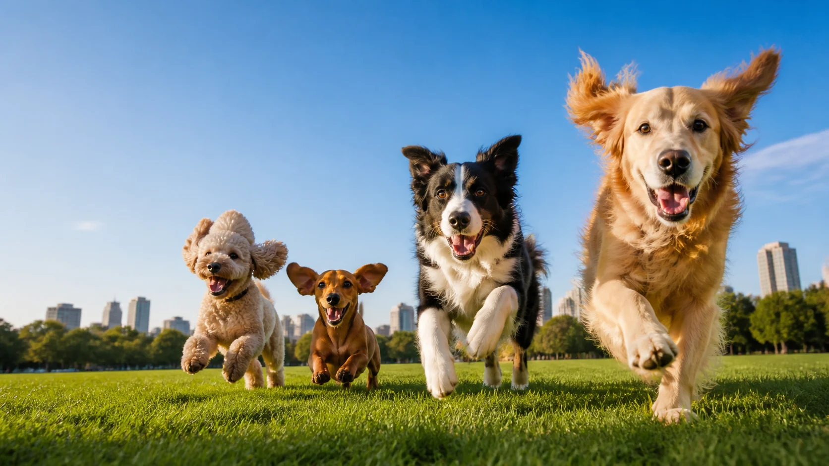 Four happy dogs running together through a sunny city park