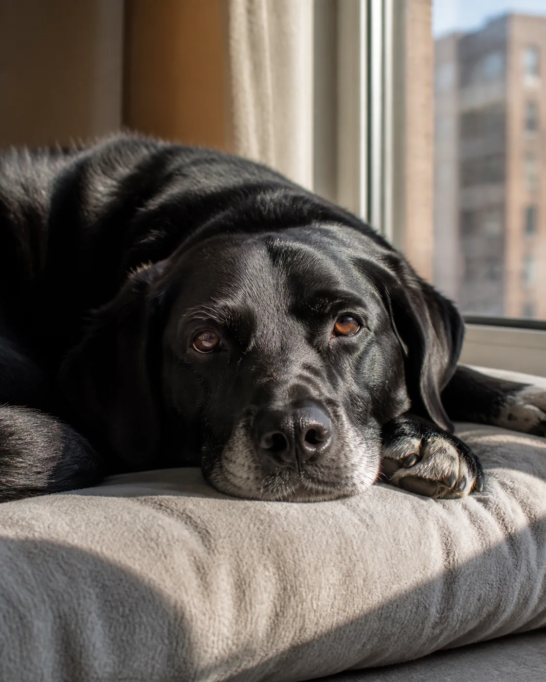 Senior black Labrador with a gray muzzle resting beside a sunny window